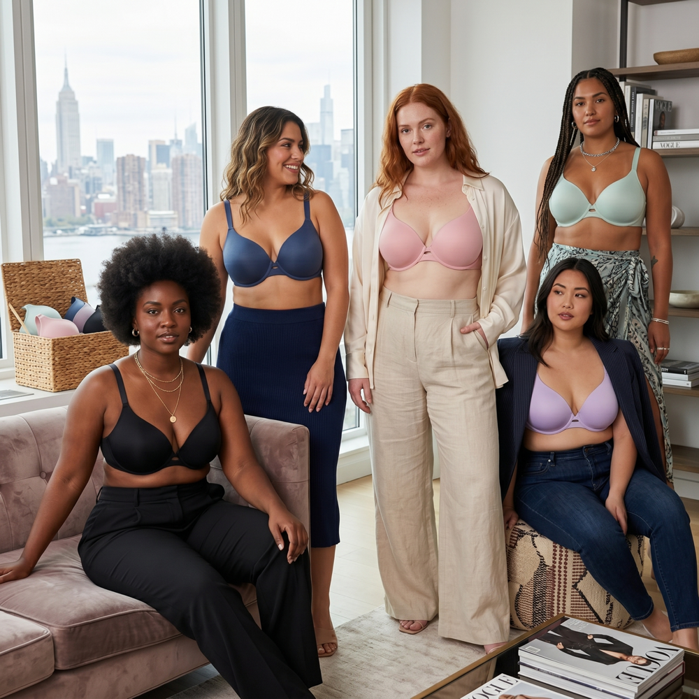 Five women wearing the MONICA & ME five-pack bra in different colours