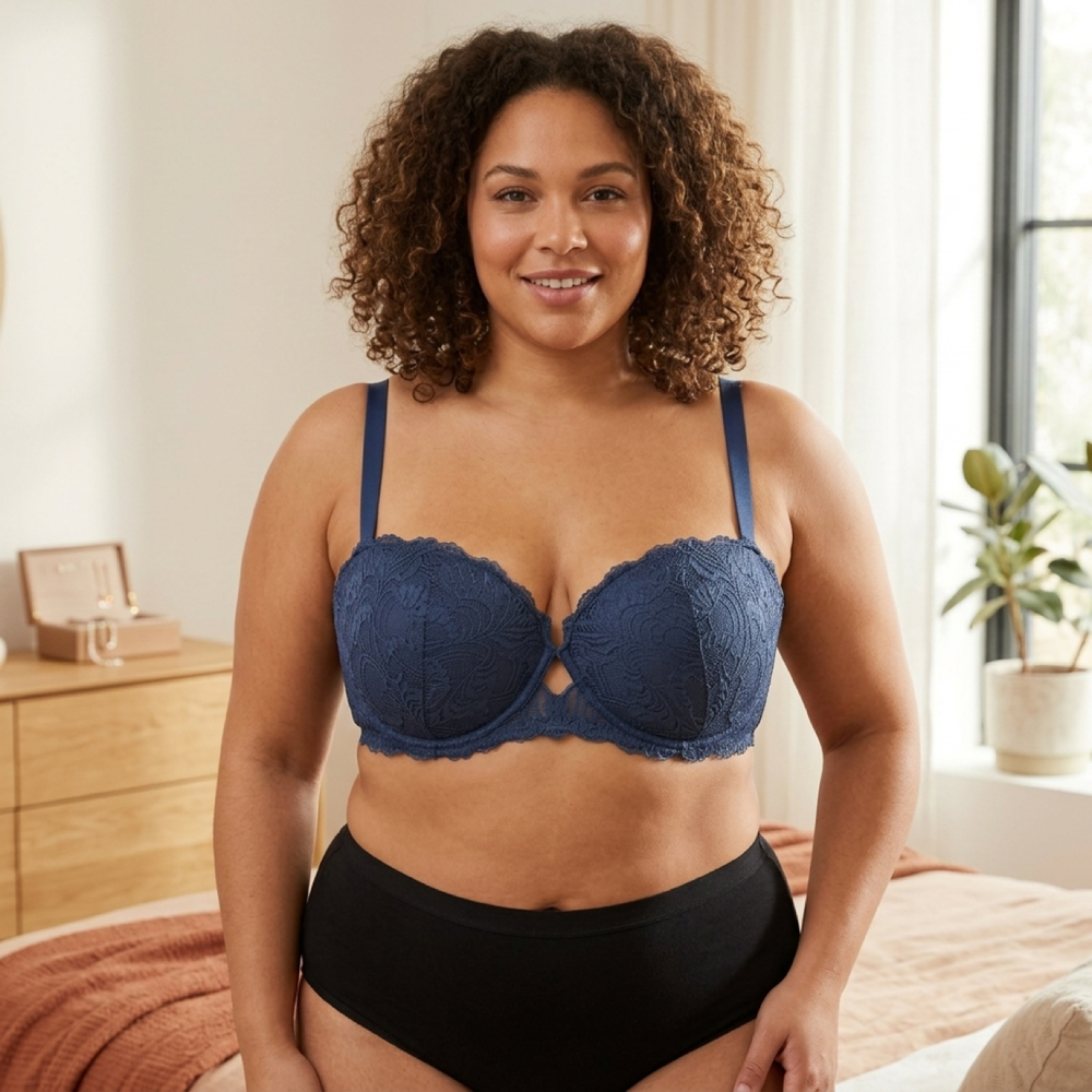 Model in 25mm46-50 series bra with 1/2 cup lace cups and lace wings