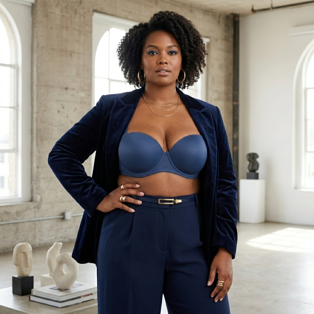 Model in 25mm51-55 series bra with 1/2 cup fabric cups and fabric wings