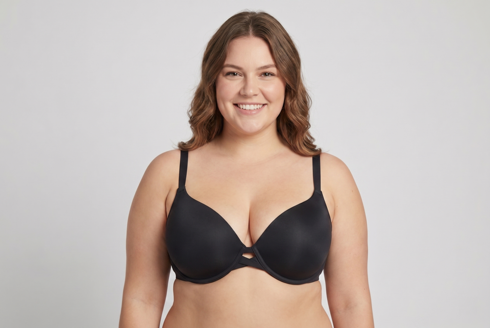 Model in 25mm66-70 series bra with 3/4 cup fabric cups and fabric wings
